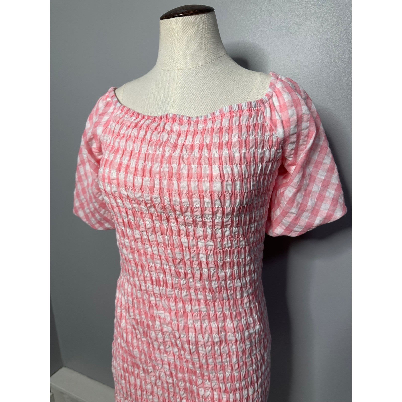 Pink Lily Gingham Smocked Pink Mini Dress Short Puff Sleeve Ruffle Hem Womens L