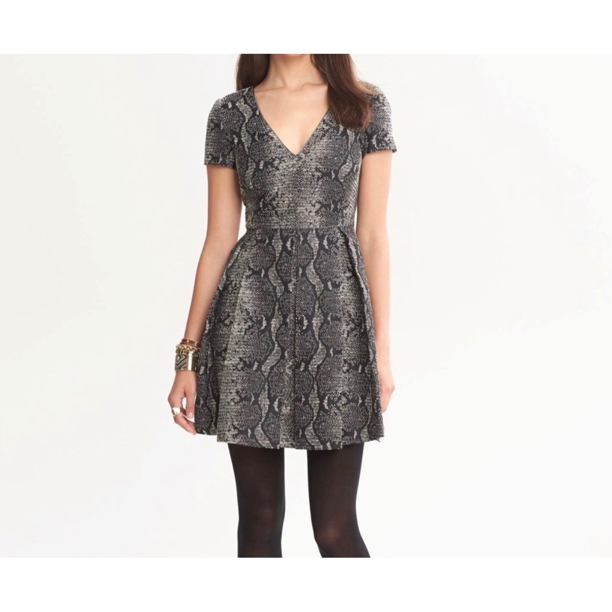 Banana Republic Heritage Snakeskin Jacquard Fit Flare Dress Metallic
