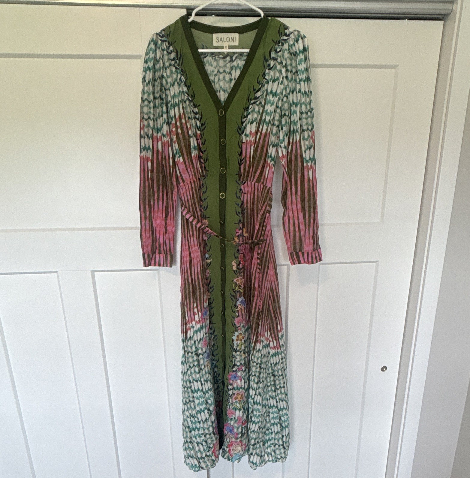 Saloni Green Pink Floral Maxi Dress US 2 V-Neck Long Sleeve Button Front