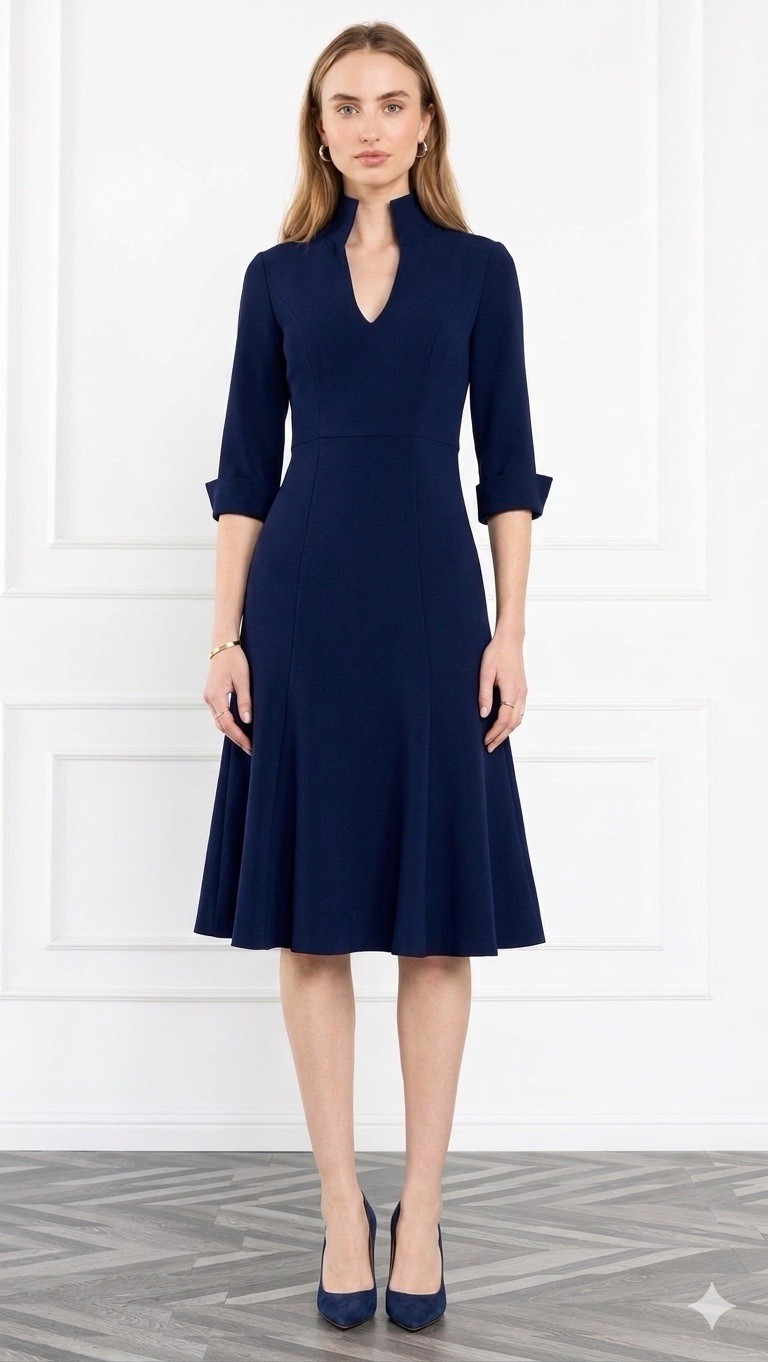 Black Halo Kensington Fit & Flare Midi Dress Navy Blue Size 2 Pleated A-Line