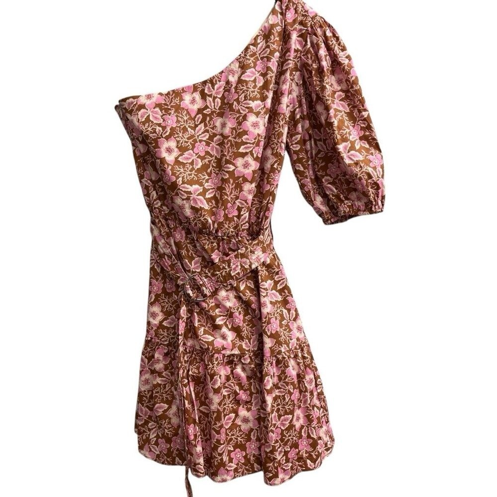 Jason Wu Pink Floral One Shoulder Mini Dress Brown Belted Puff Sleeve Large