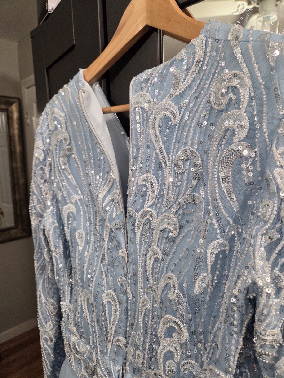 Custommade Blue Sequin Beaded Gown Long Sleeve V-Neck Mesh Lined Zip Size 12