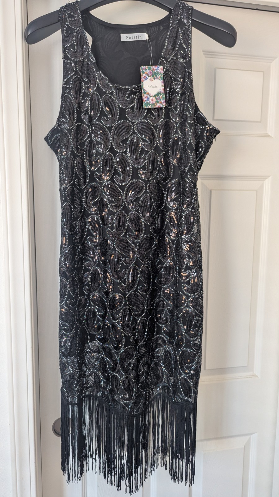 NWT Solatin Black Sequin Fringe Gatsby Flapper Cocktail Midi Dress XL 10-12