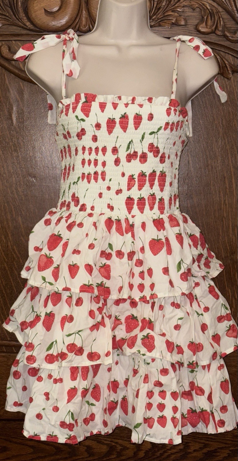NWOT Crystal Doll Strawberry Print Smocked Fit & Flare Mini Dress Square Neck S