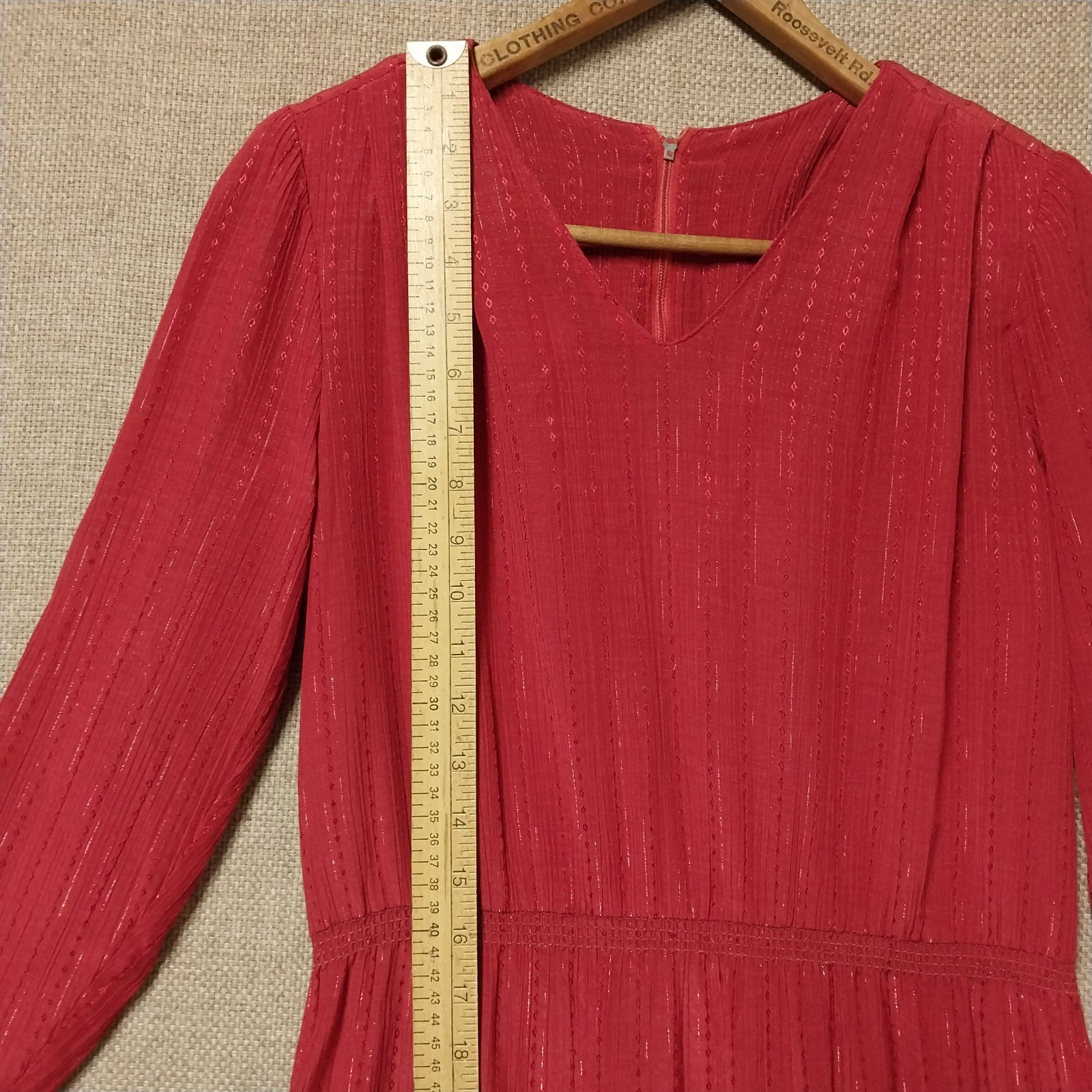 Vintage 1980s Red Plum Stripe Embroidered Midi Secretary Dress V Neck Size Small