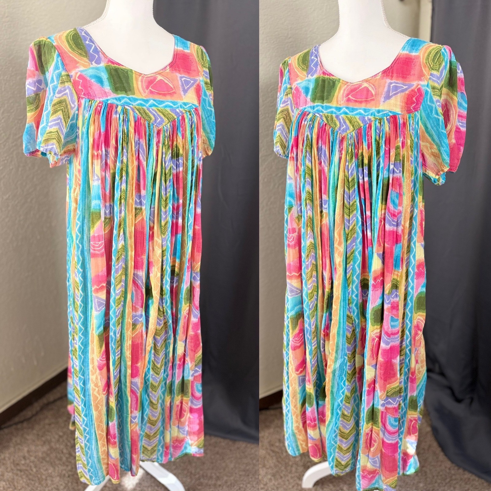 Sita Nepal Cotton Maxi Dress Small Multi Color Abstract Geometric Boho Crinkle