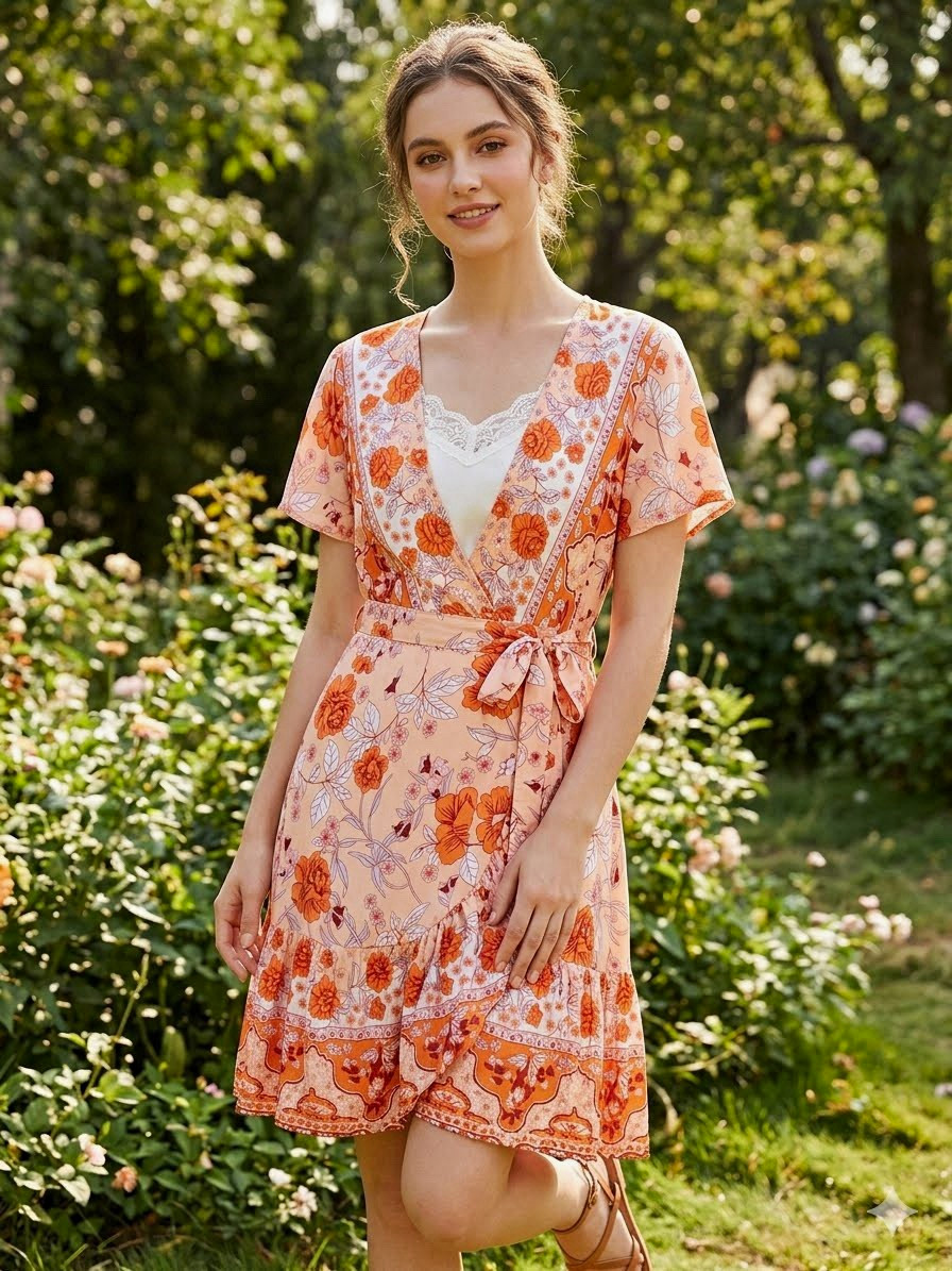 ZESICA Women’s Boho Floral True Wrap Around Dress V-Neck Tie Waist Ruffle Hem