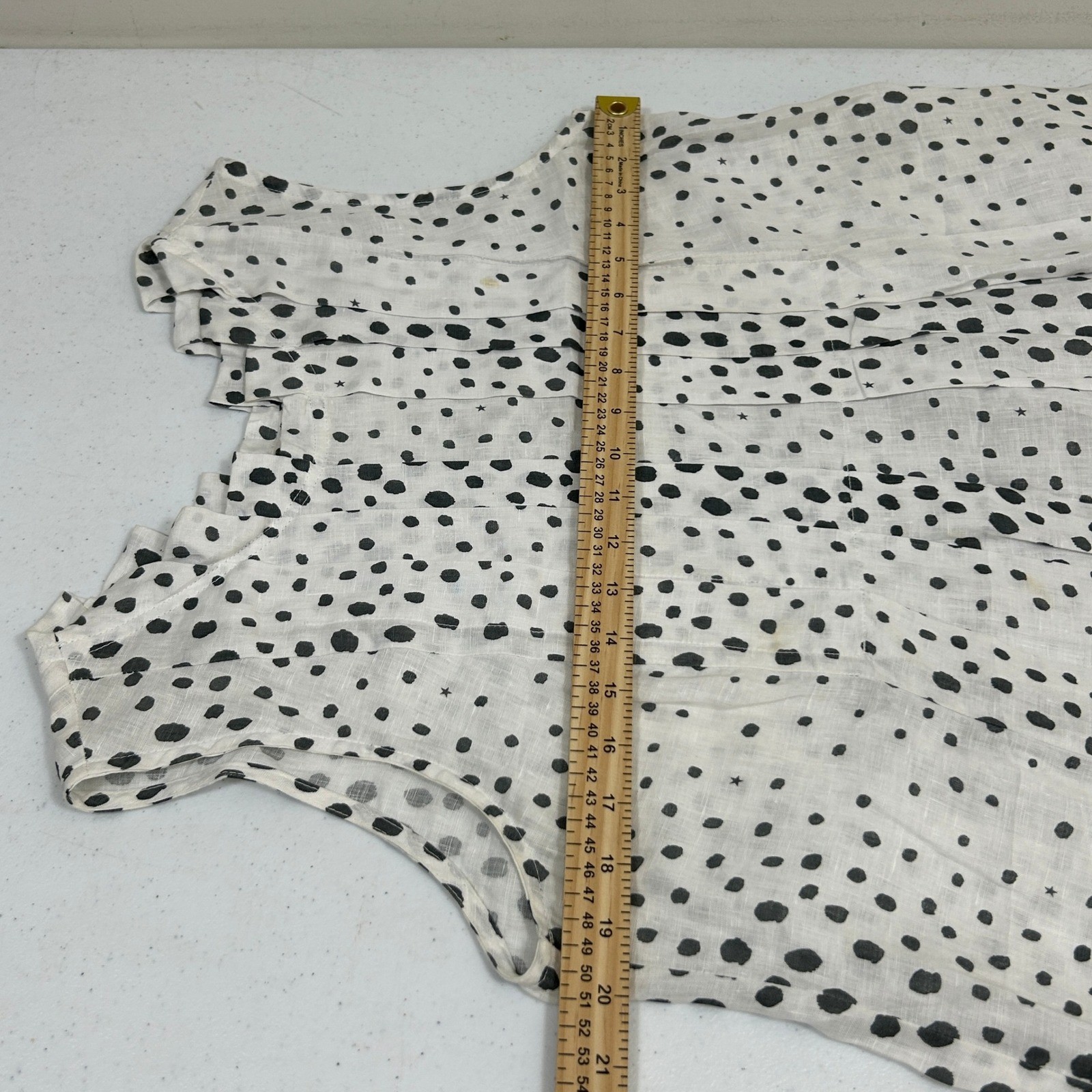 White Black Polka Dot Pintuck Pleated Linen Blend Sleeveless Shift Dress Pockets