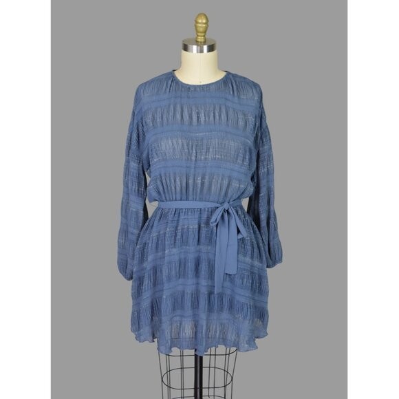 POOKIE & SEBASTIAN Crinkle Stripe Blue Long Sleeve Dress Size Large