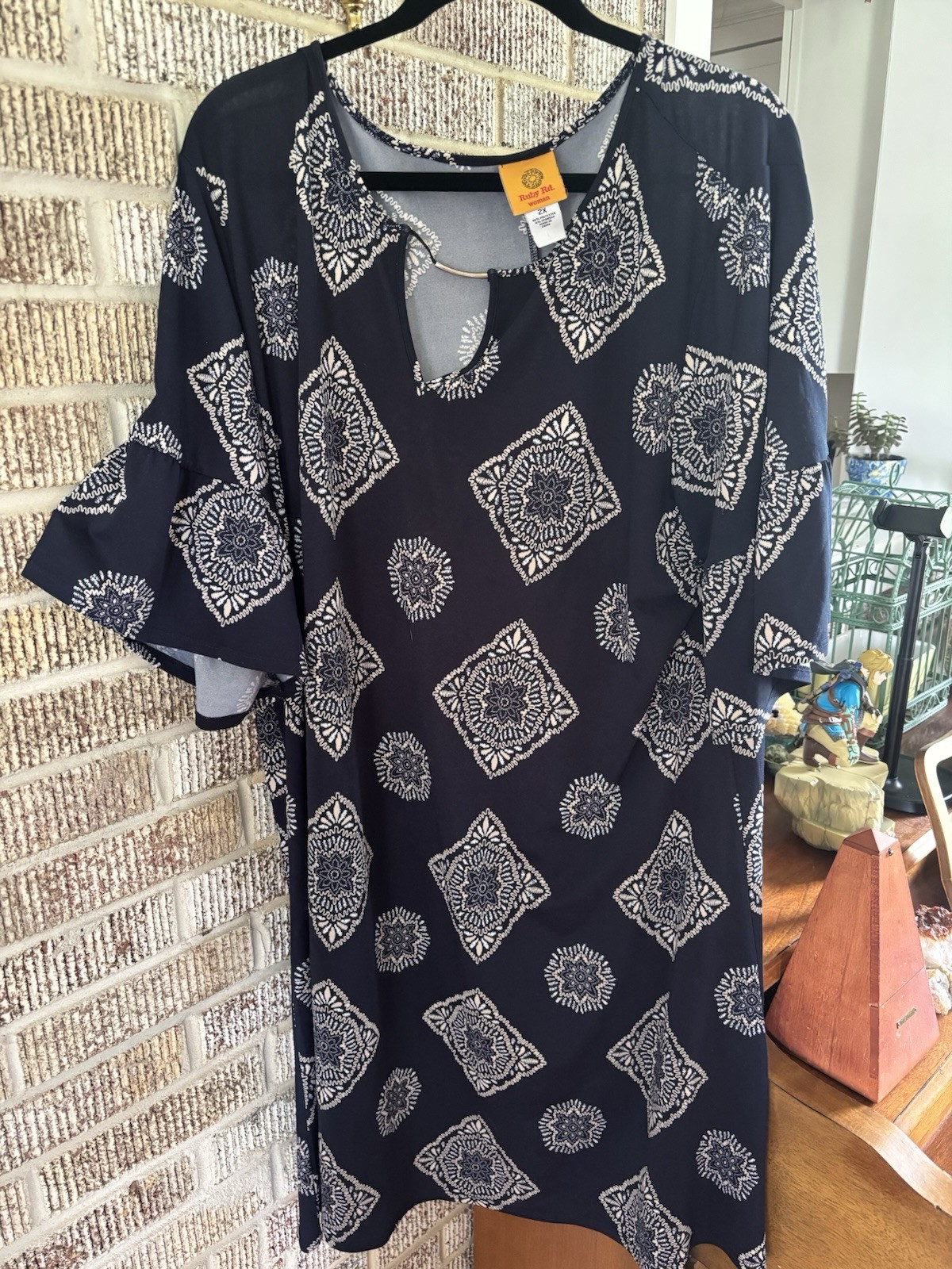 Ruby Rd Women’s 2XL Blue White Geometric Textured Pull Over Dress