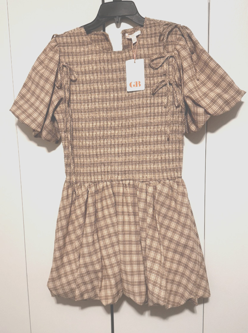 GB Gianni Bini Smocked Plaid Mini Dress Puff Sleeve Bubble Skirt Size L