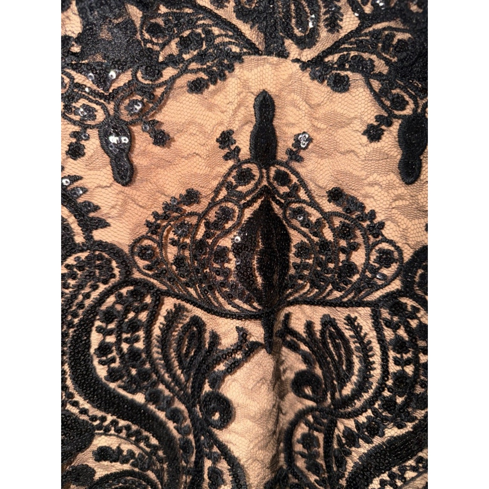 Free People Black Lace Overlay Midi Dress with Nude Slip | 8