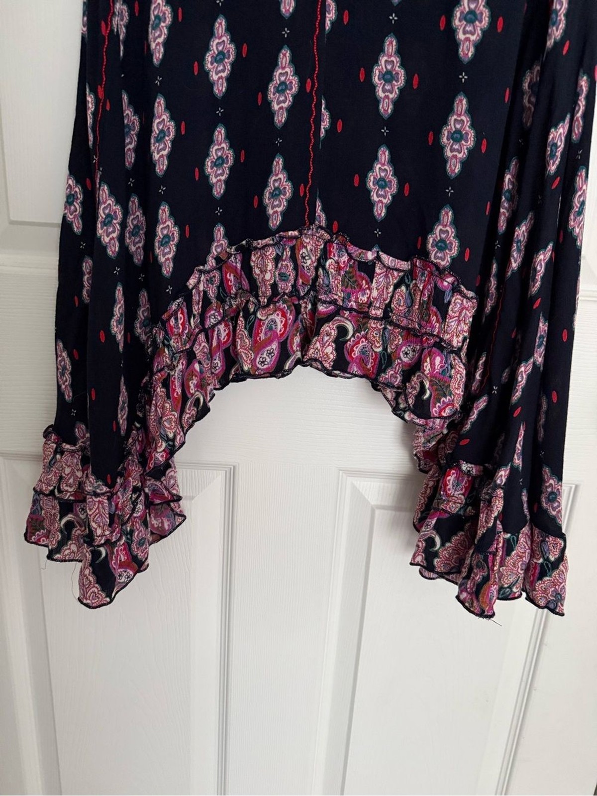 RAGA XS Embroidered Semi Sheer Navy Dress Floral Boho Whimsygoth Sharkbite Hem