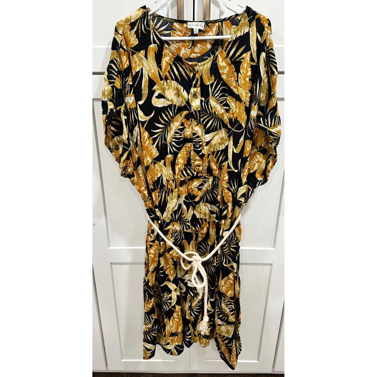 Wonderly Dress – Tropical Print, Button Front, Casual, with Belt – 4X