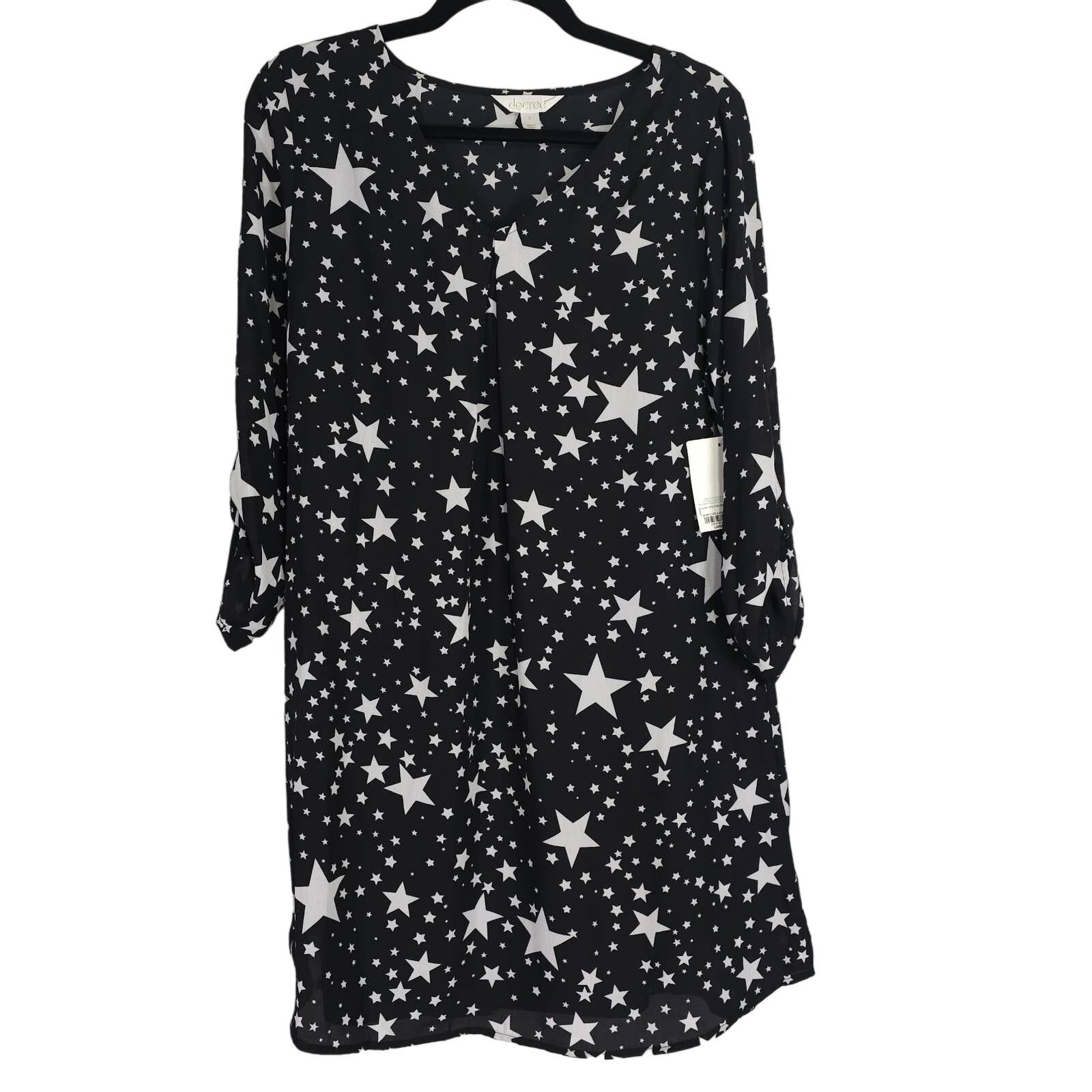 Decree Womens Size L Oh My Stars Black White Shirt Dress Roll Tab Sleeve NEW
