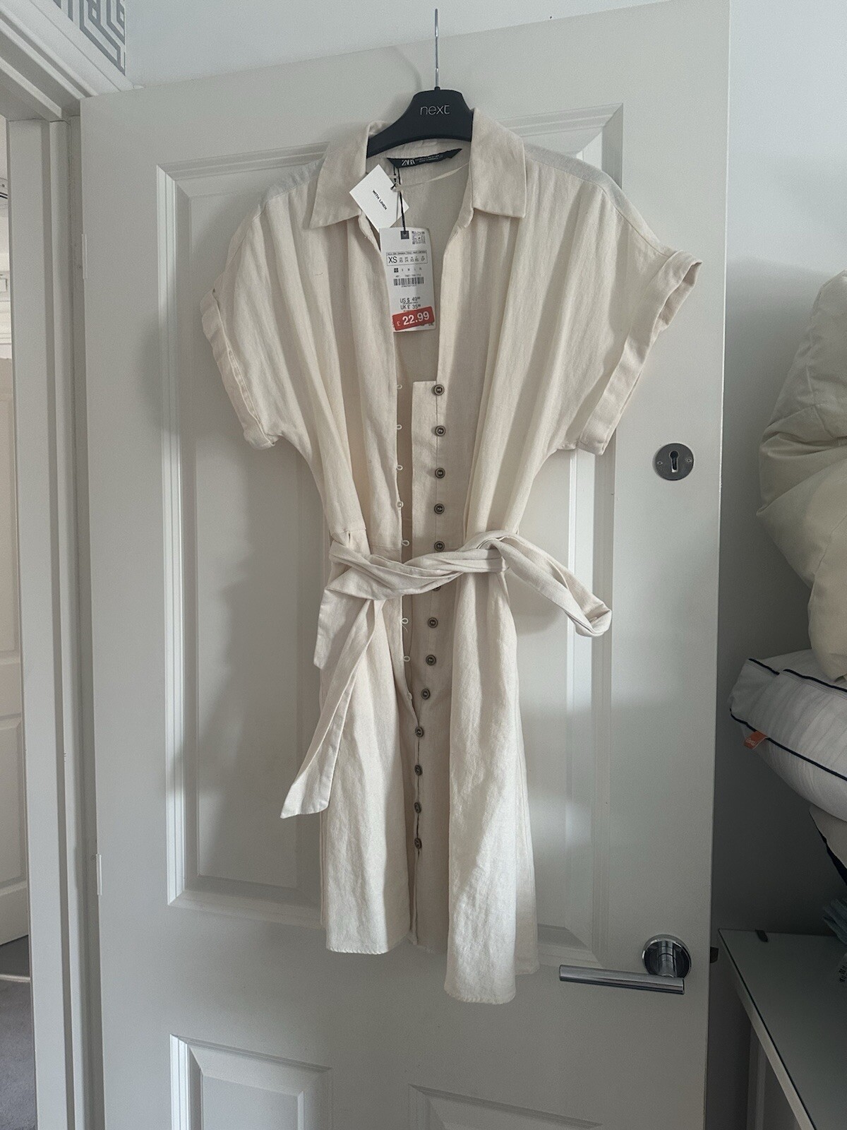 ZARA ECRU JOHNNY COLLAR LINEN BLEND MINI BELTED SHIRT DRESS WITH POCKETS SIZE XS