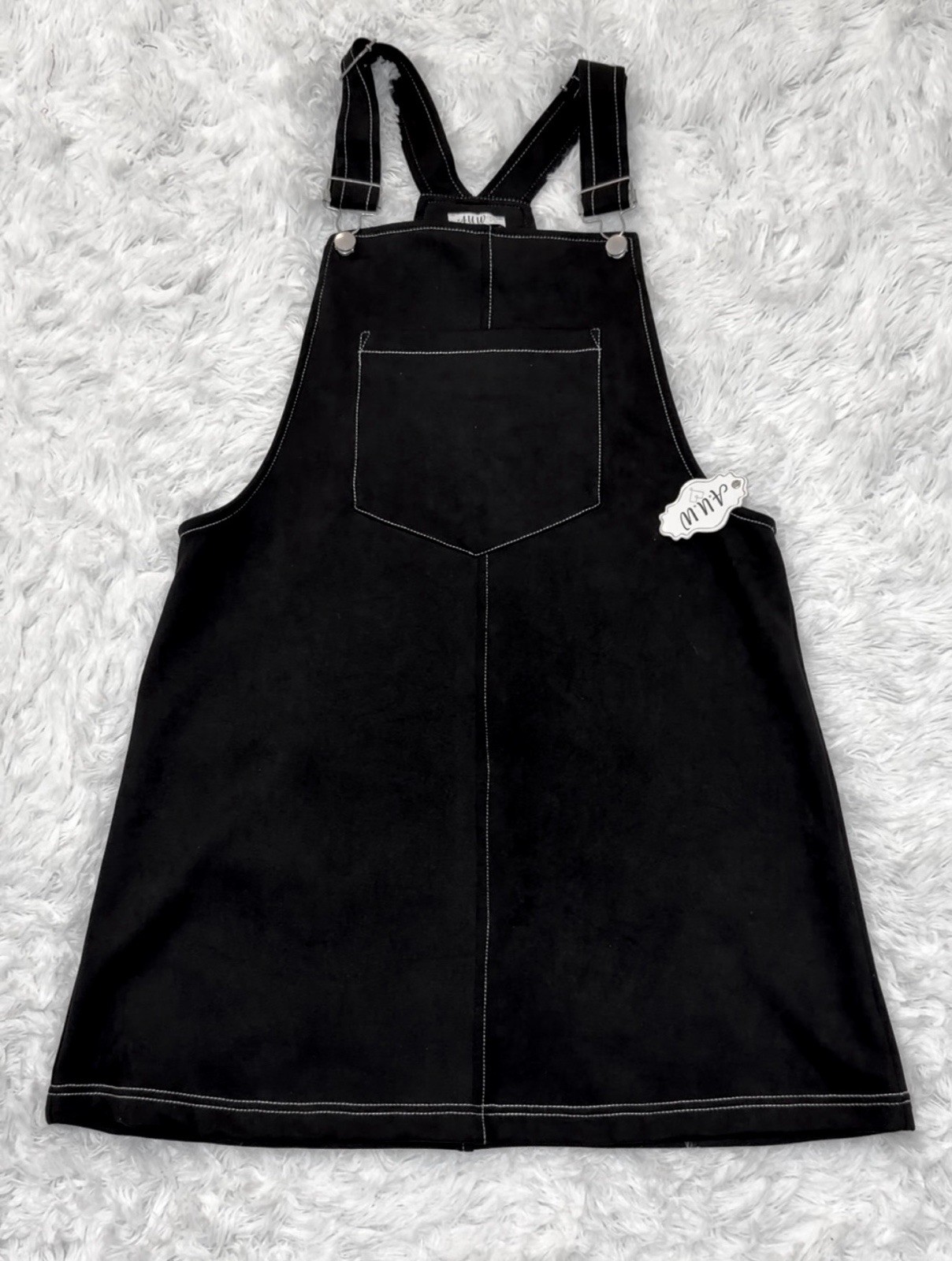 A.U.W Black Solid Overall Mini Dress Women’s L Sleeveless With Pockets