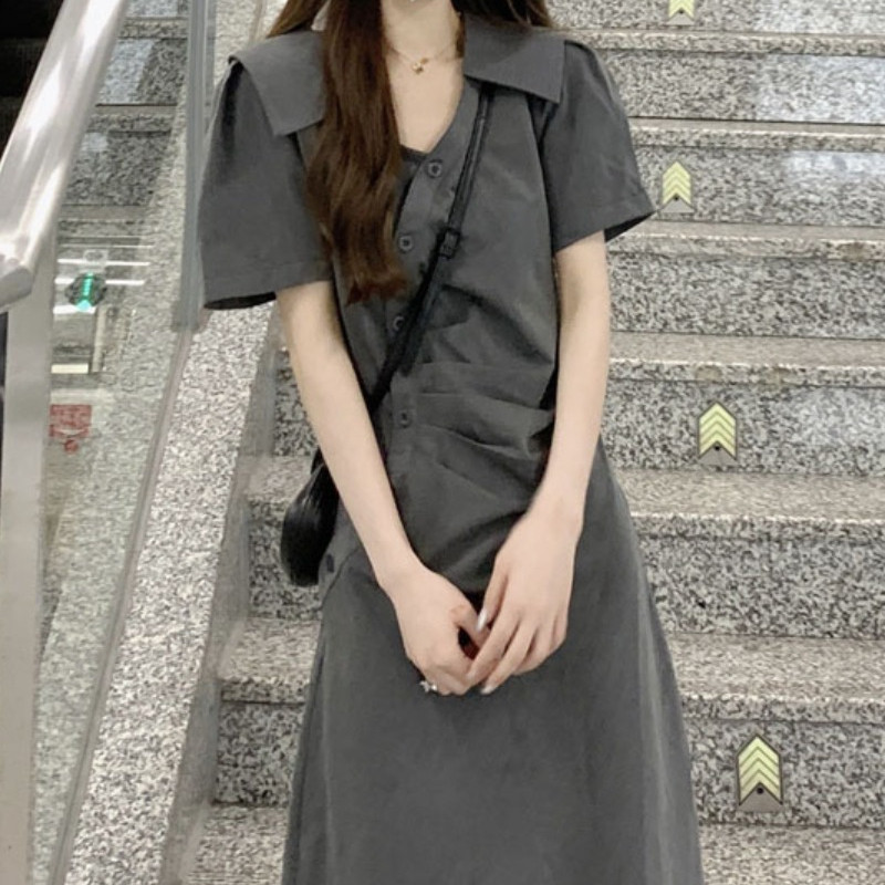 Womens Short Sleeve Dress Ruffle Buttons A-Line Midi Gray Casual Preppy Daily