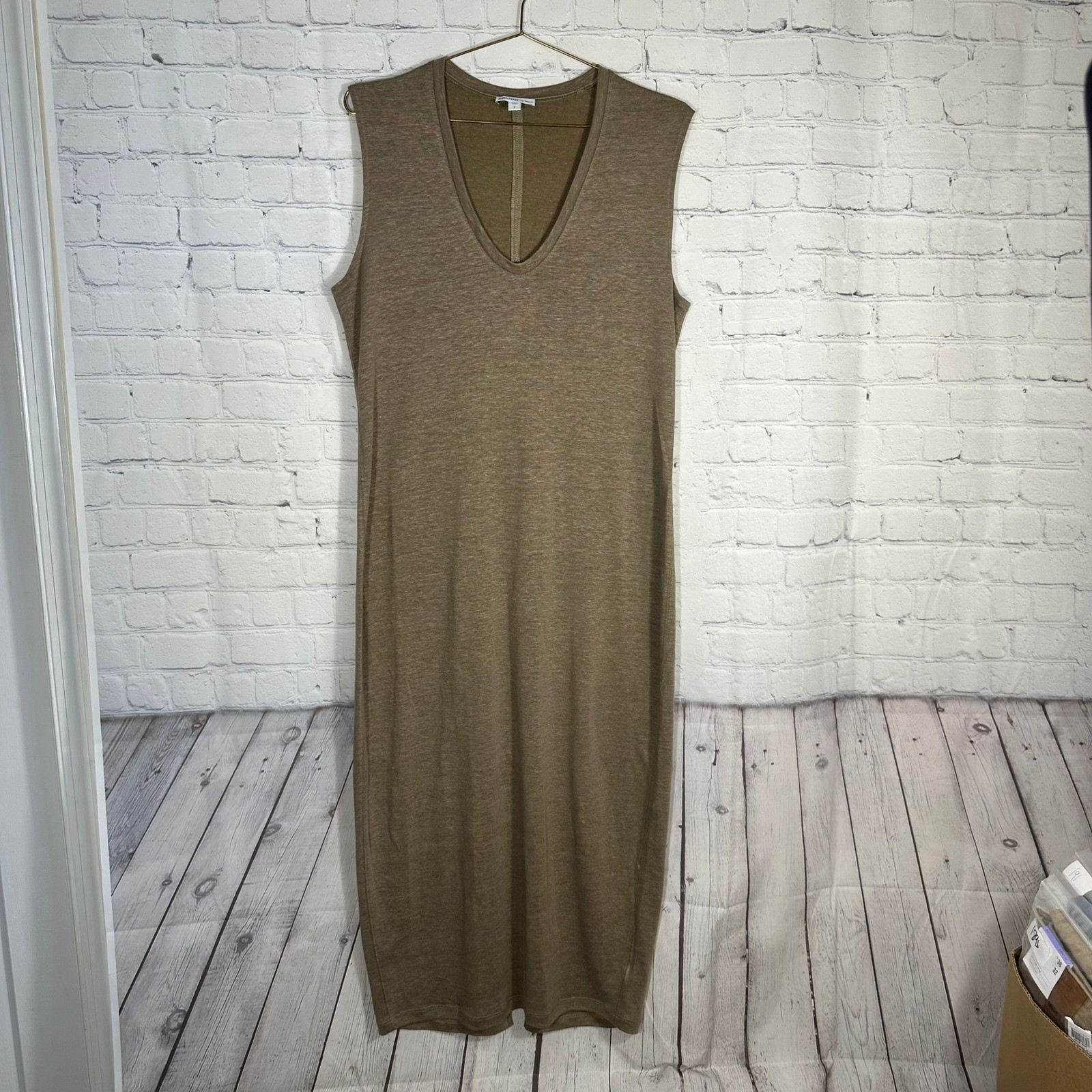 James Perse Linen Cupro Jersey Dress Brown Heathered V-Neck Sleeveless Size 2 M