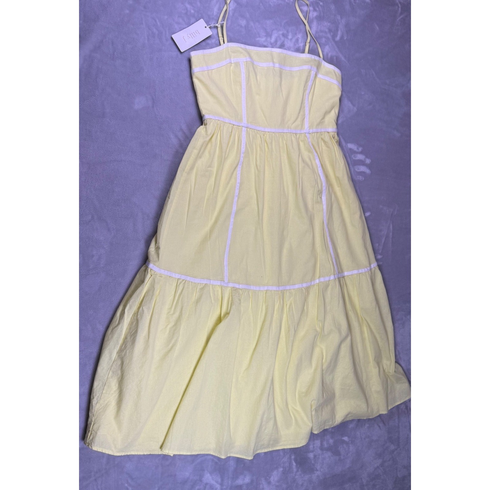 Billy J Baina Midi Dress Yellow White Contrast Piping Sun Dress Women 14 NWT*