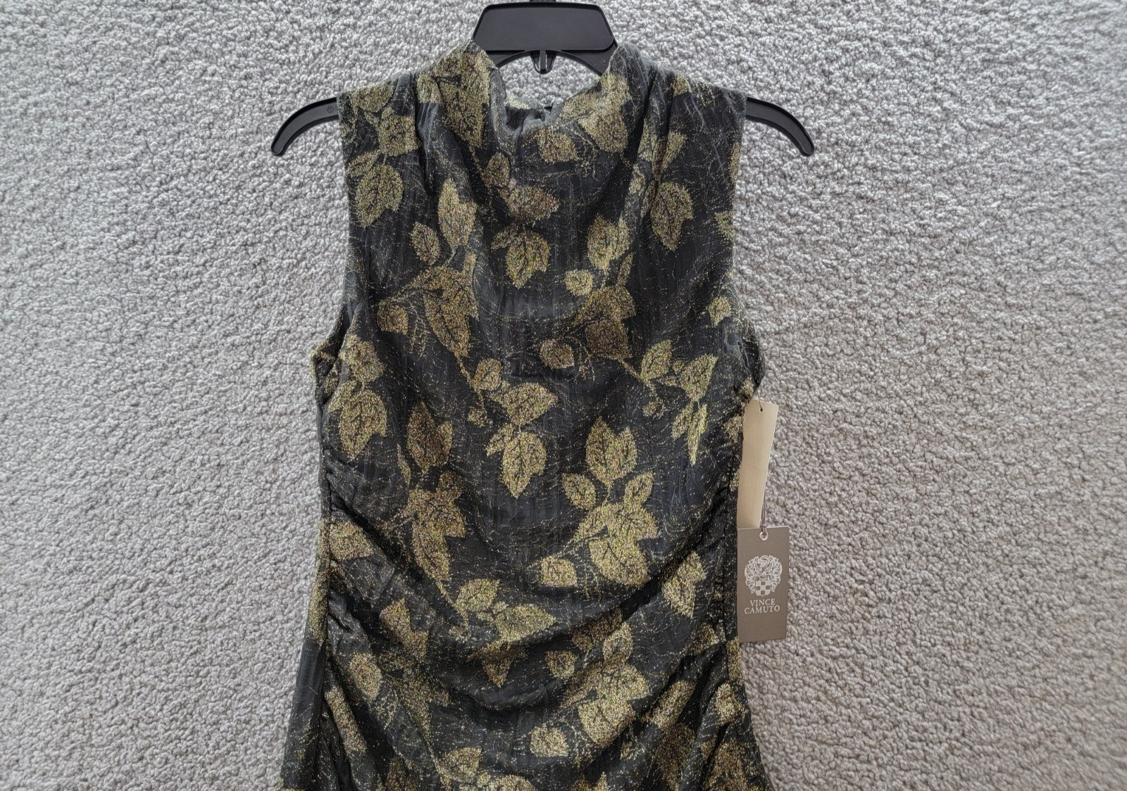 Vince Camuto Metallic-Knit Ruched Cowlneck A-Line Dress Women’s 6 Black/Gold