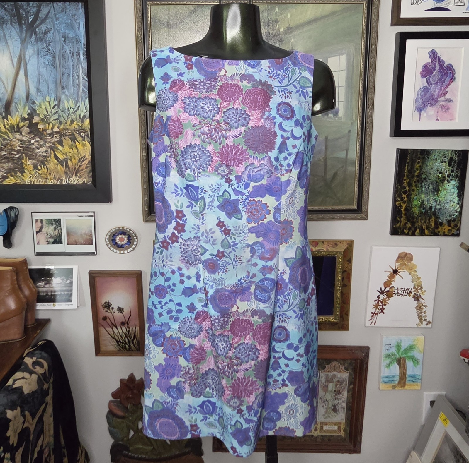 Y2K My Michelle Blue Purple Bright Retro Floral Artsy Shift Mini Dress Size 3/4
