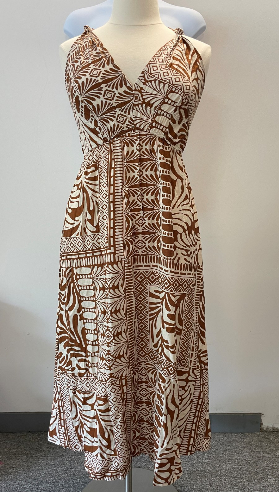 Women Boho Maxi Dress Botanical Print A Line Flowy Sundress Brown Large