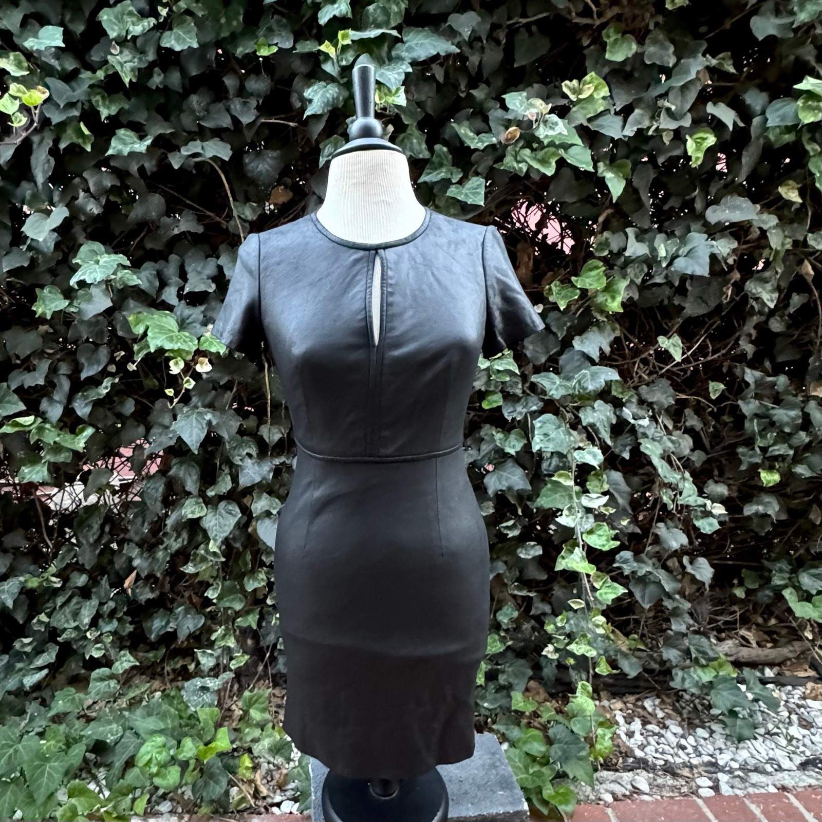 NWT My Tribe Mini Dress, Black Leather Shell, Stretch, Keyhole Round Neckline