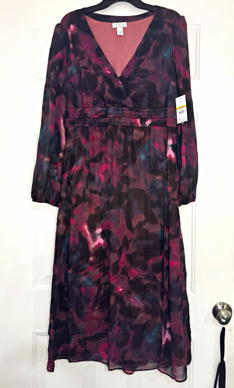 Sofia Vergara Floral V-Neck Long Sleeve Midi Empire Dress L 12-14 with Pockets