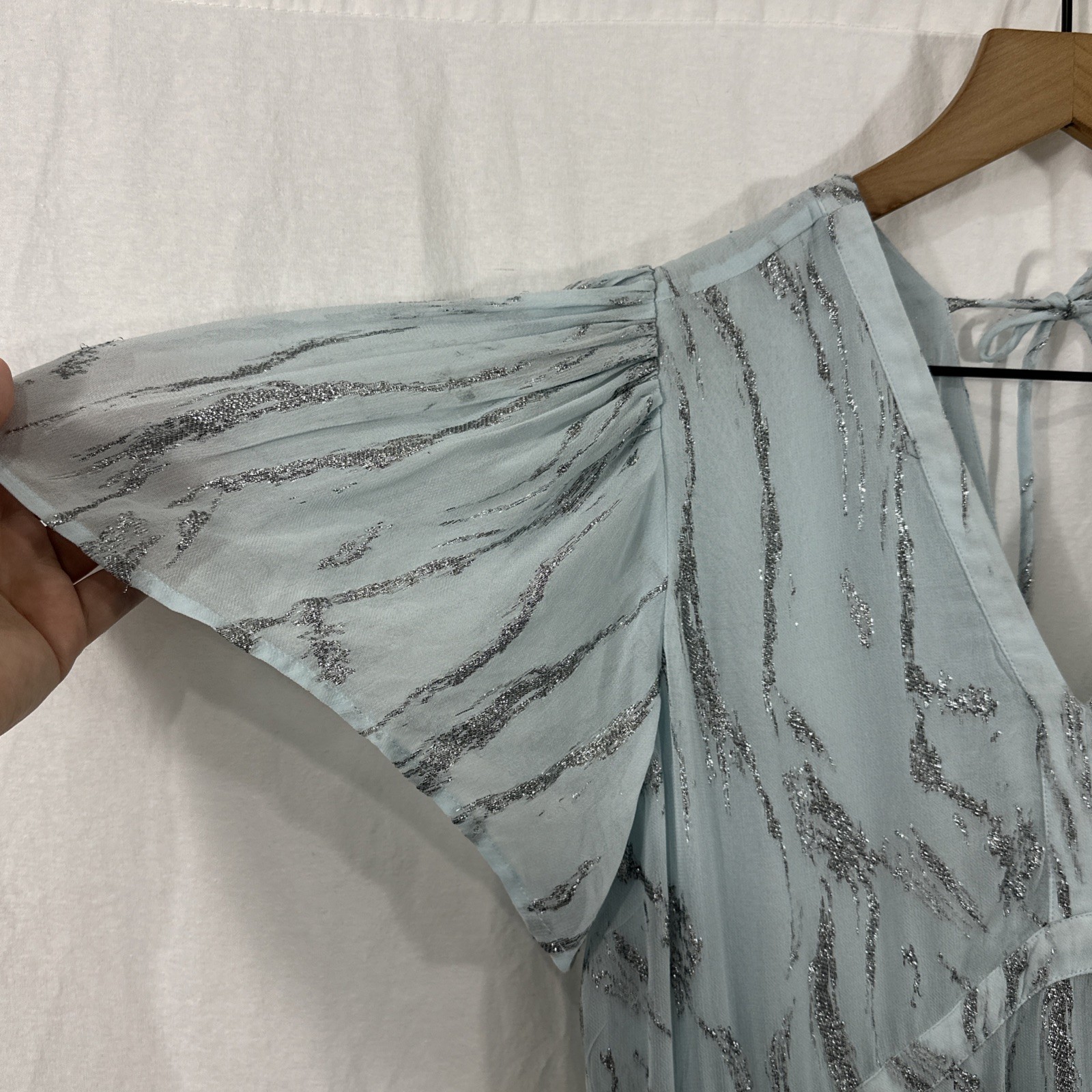Bruuns Bazaar Blue Silver Metallic Flutter Sleeve Maxi Dress Womens Sz 36 Formal