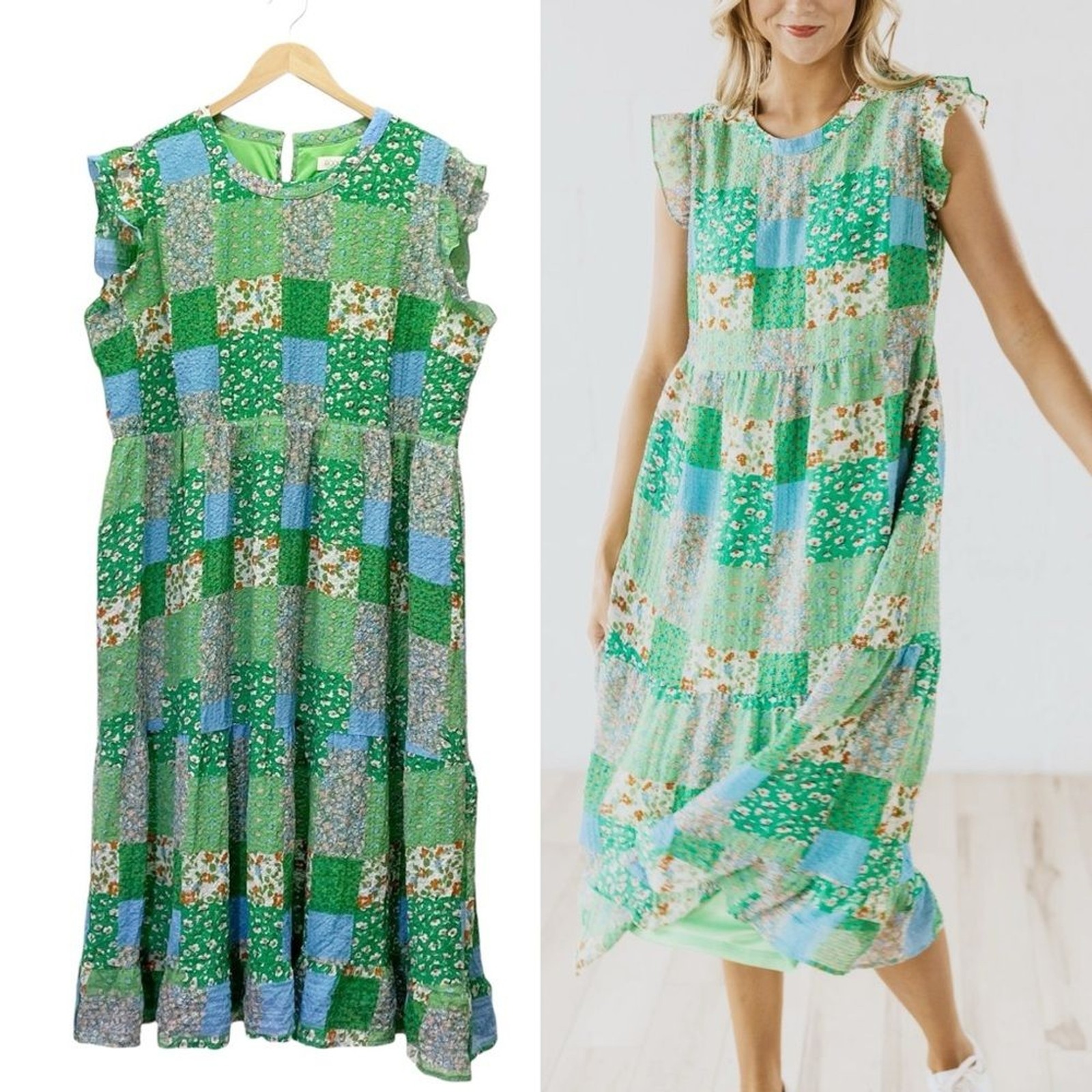 NWT Roolee Cottagecore Floral Patchwork Midi Dress Size XXL Coastal Spring Green