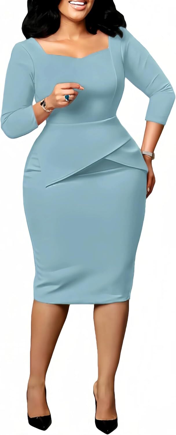 Women’s Elegant Midi Pencil Church Dress – Business Work Suiting Outfit