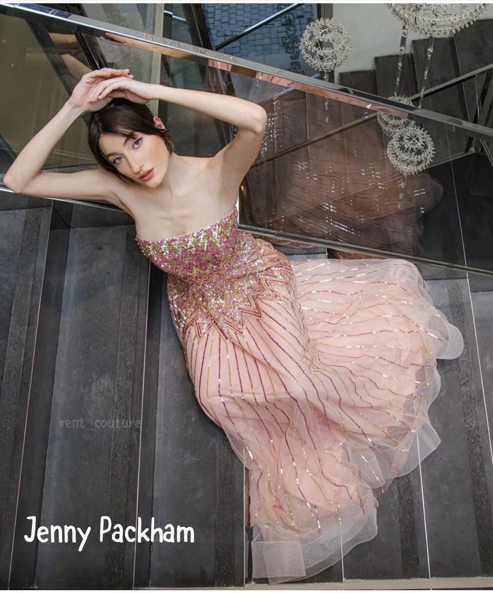 Jenny Packham gown intricate pink &gold beadwork strapless silhouette S