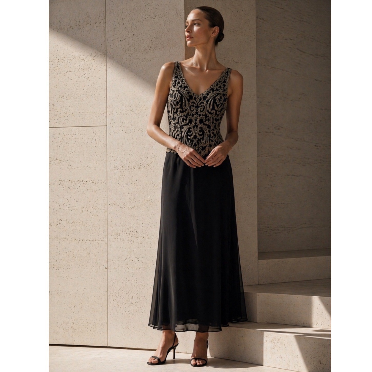 VINTAGE Y2K JKARA NEW YORK Black Beaded Overlay MAXI Formal Gown Dress 10