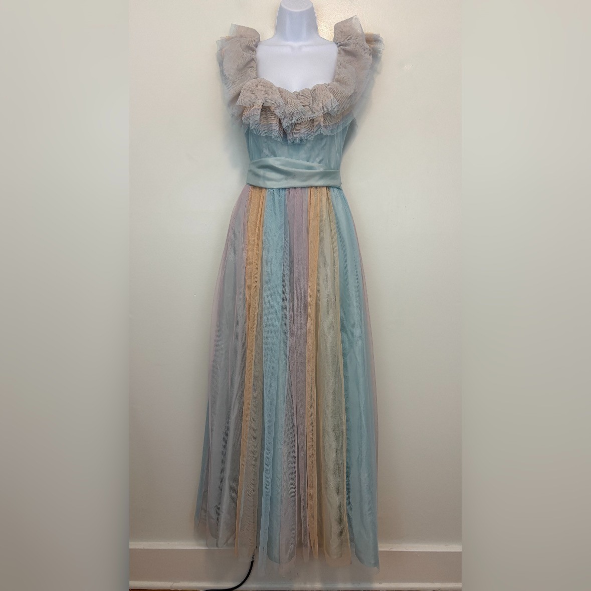 Vintage TD4 by Eletra Pastel Rainbow Striped Tulle Dress Size 9/10 Small