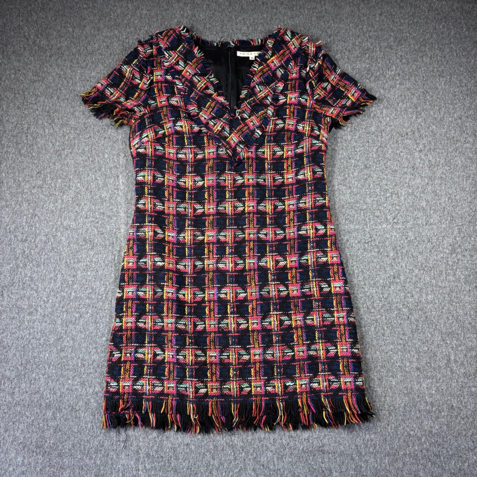 Trina Turk Women Multi Color Tweed Fringe Shift Dress Size 6 Plaid Boucle