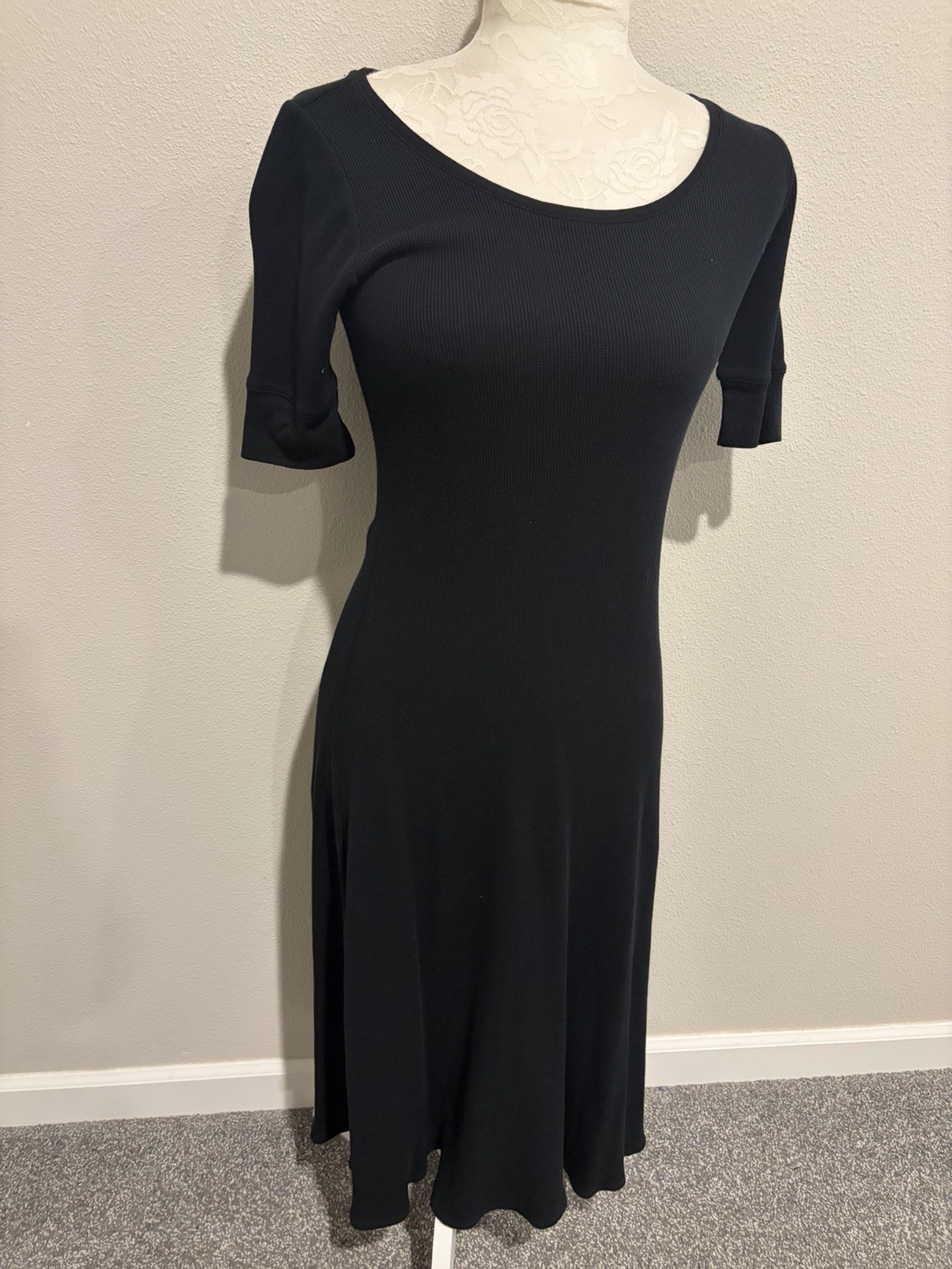 Lauren Ralph Lauren Black Cotton Waffle Knit Midi Dress ~XS~A-Line Short Sleeve