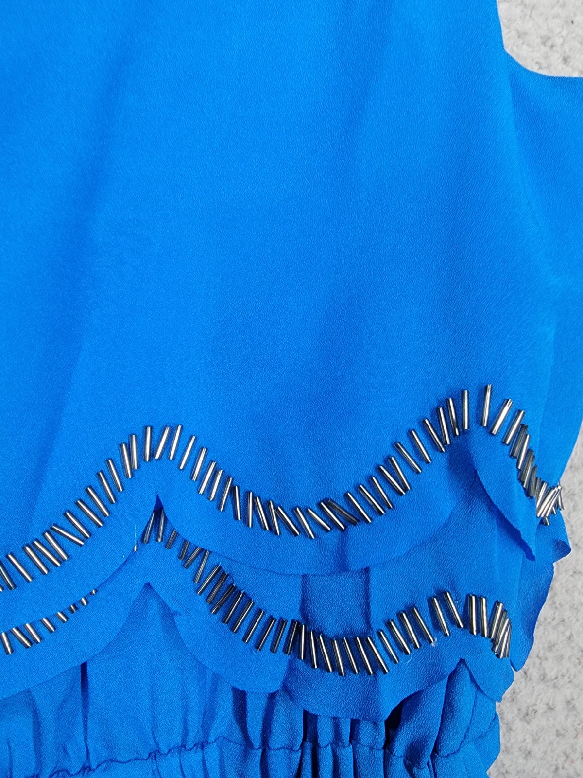 Blue Scalloped Beaded Party Dress Small Gianni Bini Layered Ruffle Sleeveless