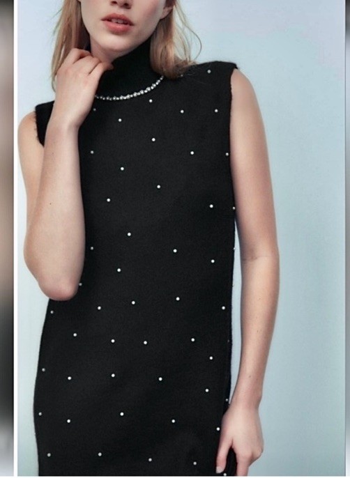 ZARA Pearl Rhinestone Mock Neck Posh Glam Classy Bling Y2K Knit Dress Black L