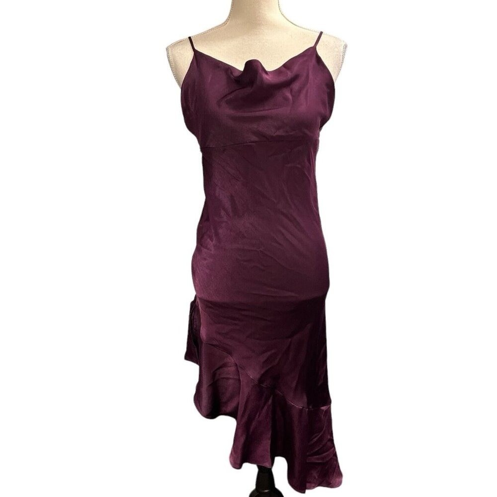 Allen Schwartz Y2K Dress Purple Satin Midi Asymmetrical Ruffle Size 4 Fairy Gala