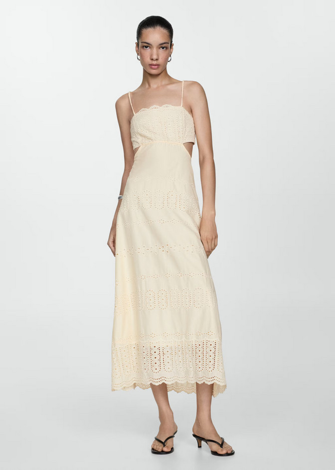 NWT MANGO MNG $140 ECRU EMBROIDERED CUT-OUT BACK TIE MIDI DRESS SZ S US 4
