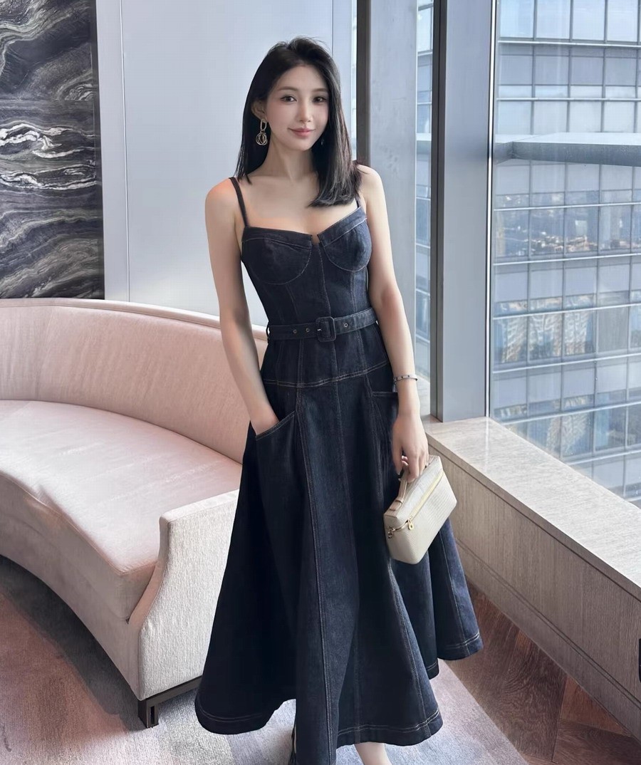 Self-Portrait Dark blue denim dress Pocket Belts Strapless long Dresses