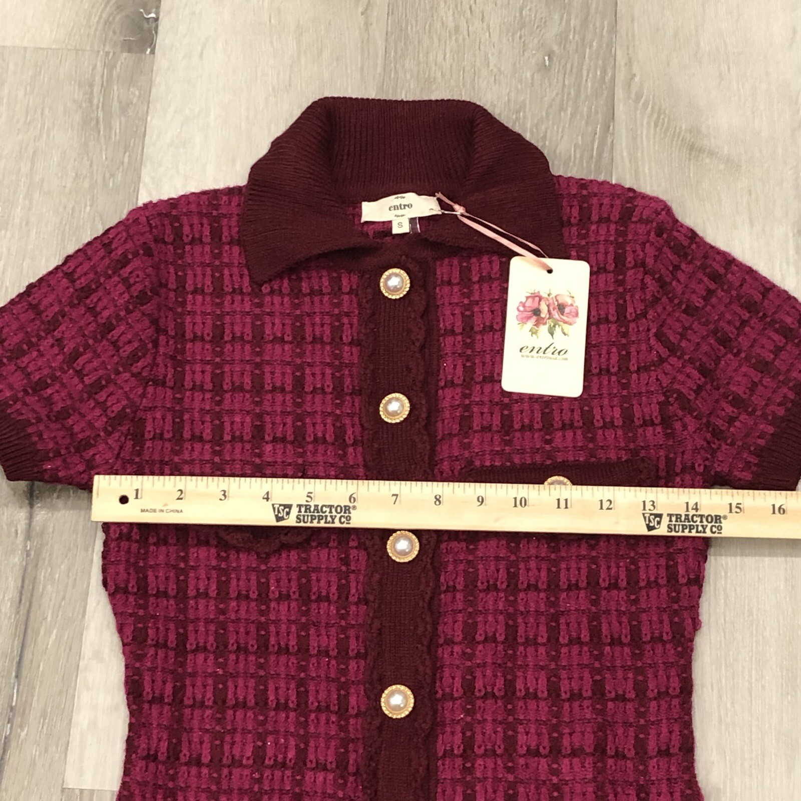 Entro Short-Sleeve Collared Maroon And Pink Button Down- Size S