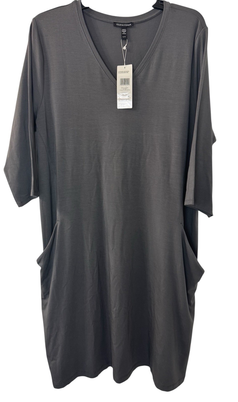 Eileen Fisher XL EXTRA LARGE V-neck Elbow Sleeve A-Line Dress Jersey Knit