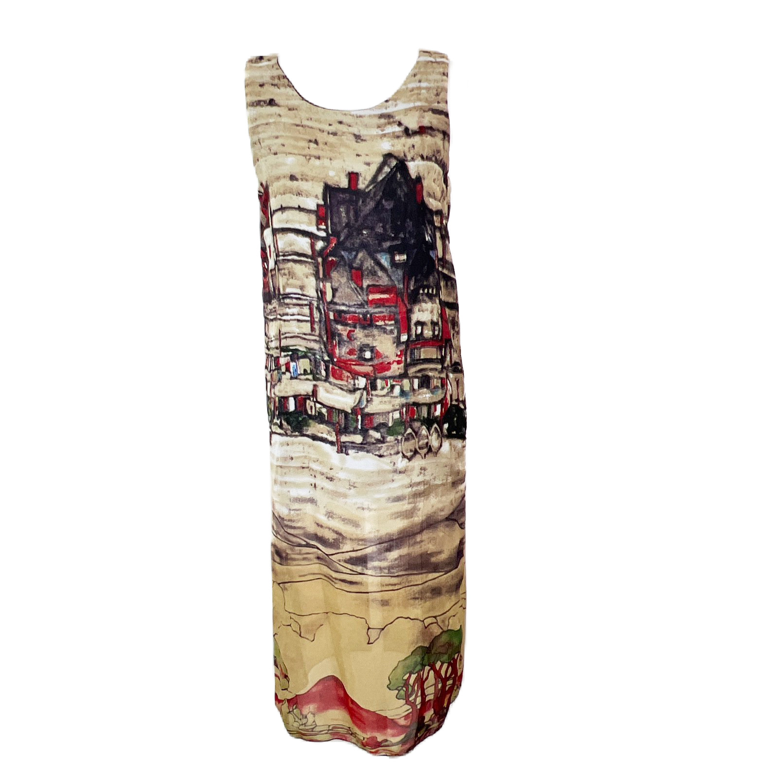 Unbranded Tank Dress Women Medium Beige Artwork Graphic Straight Maxi Sleeveless