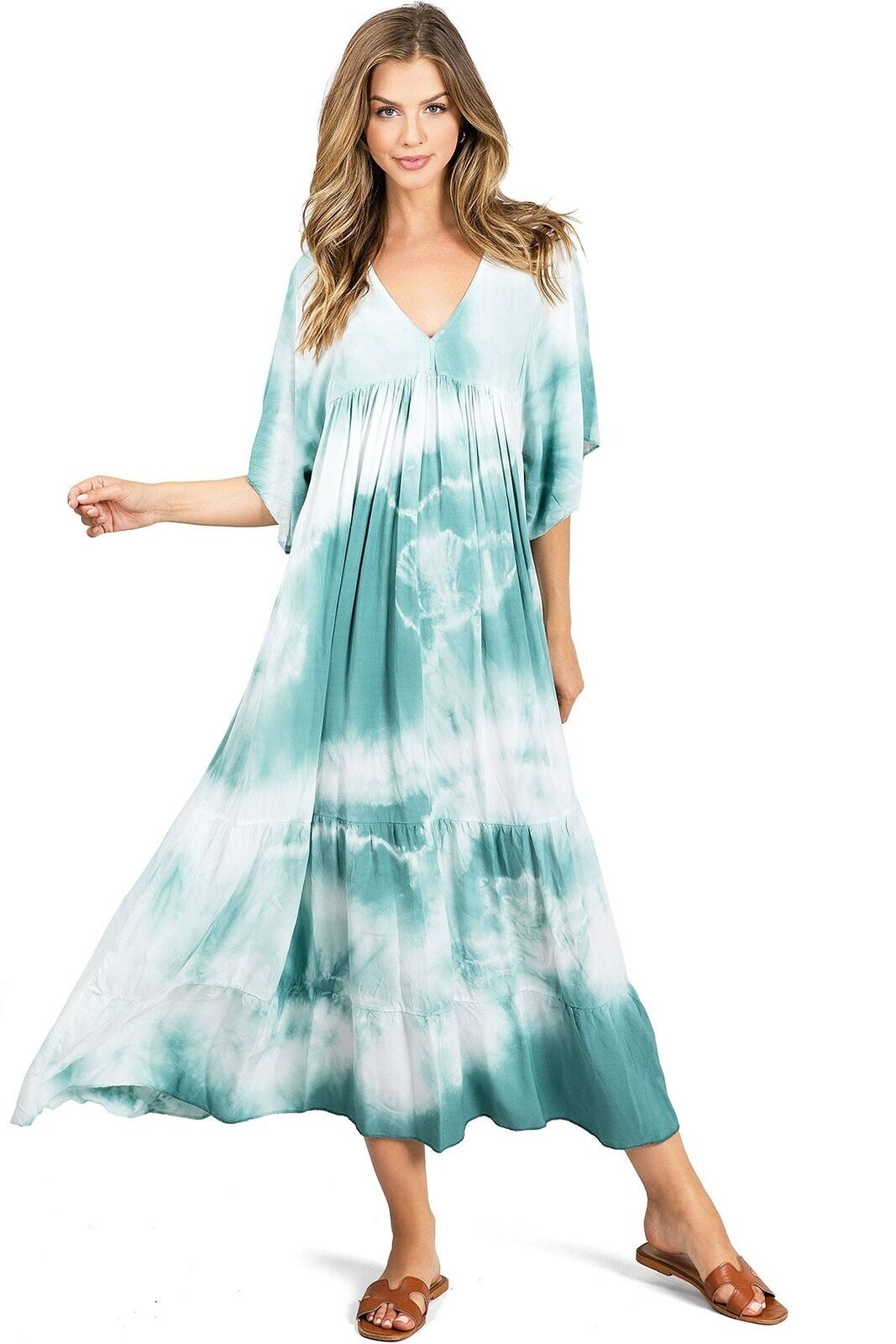 $78 Venti6 Casual Blue Tie Dye V-Neck Kaftan Dress for Beach, Travel-Size Small
