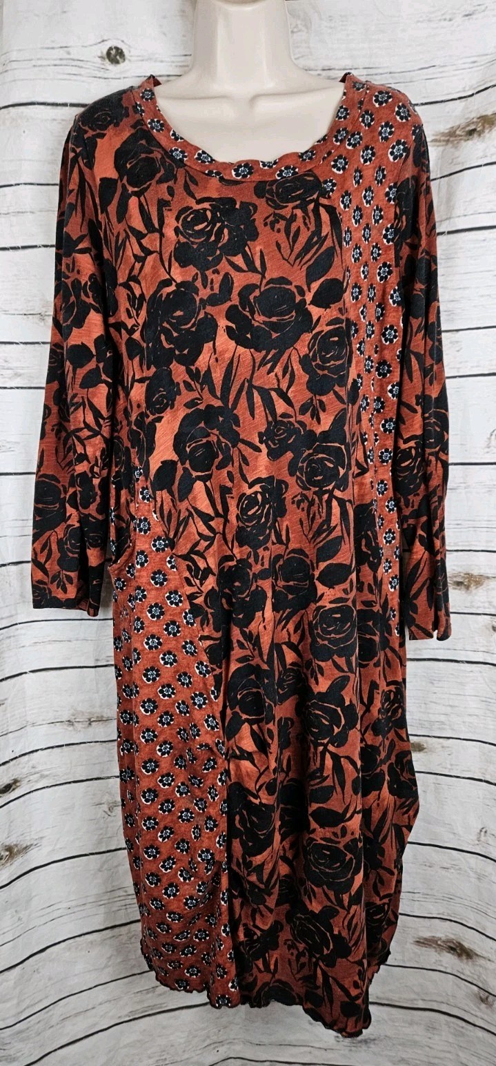LIV Habitat Brown Floral Slub Knit Dress XL Lantern Lagenlook Midi Cotton Blend