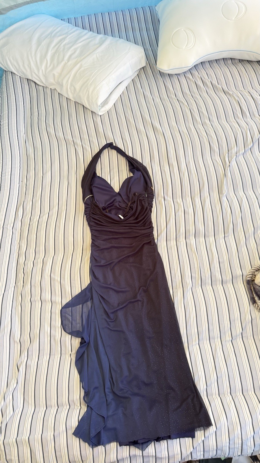 BETSY & ADAM Linda Bernell Blue Halter Ruched Beaded Chiffon Sheath Dress 4
