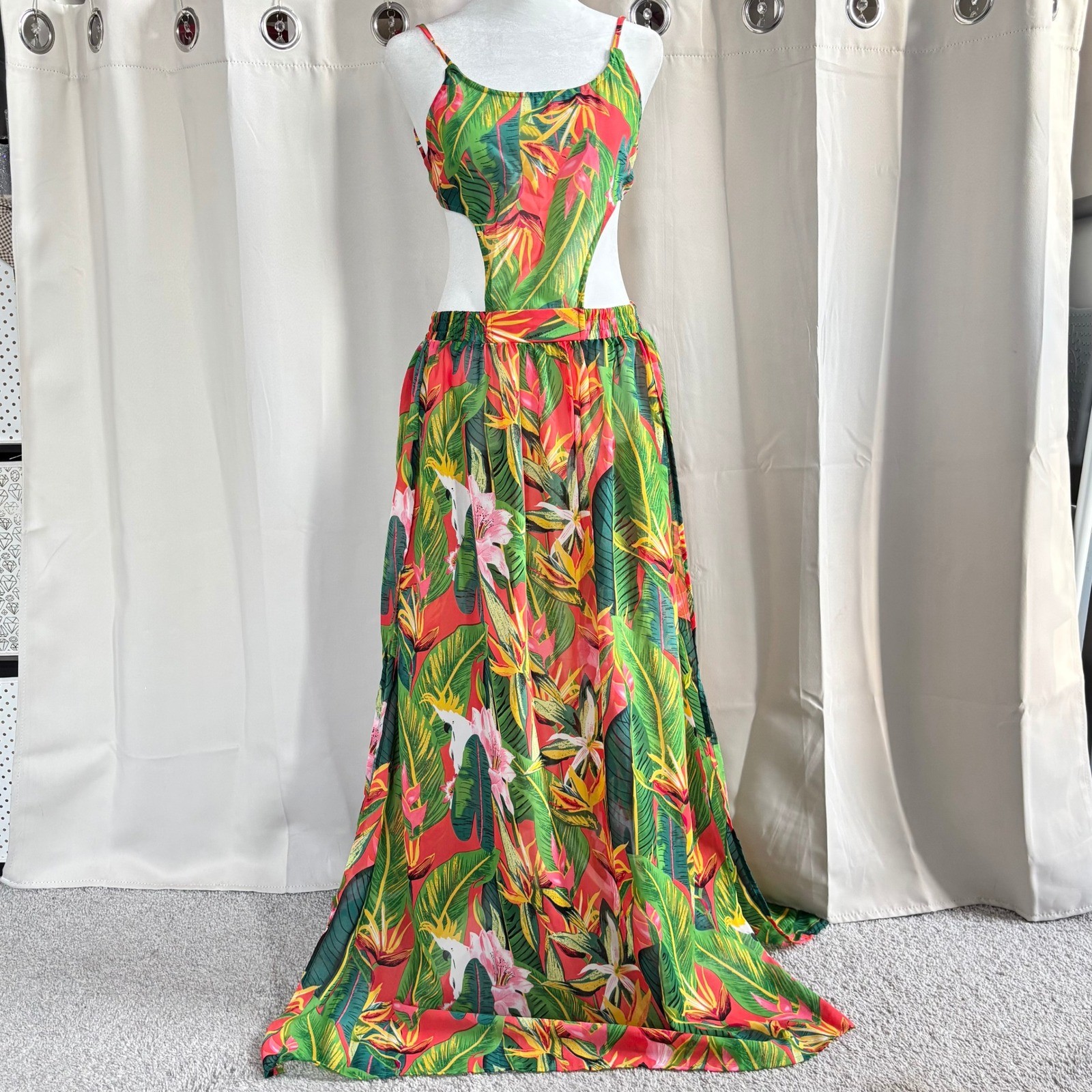 Tropical Dress Medium Tropicana Cut Out Maxi Beach Floral Resort Flowy 20250