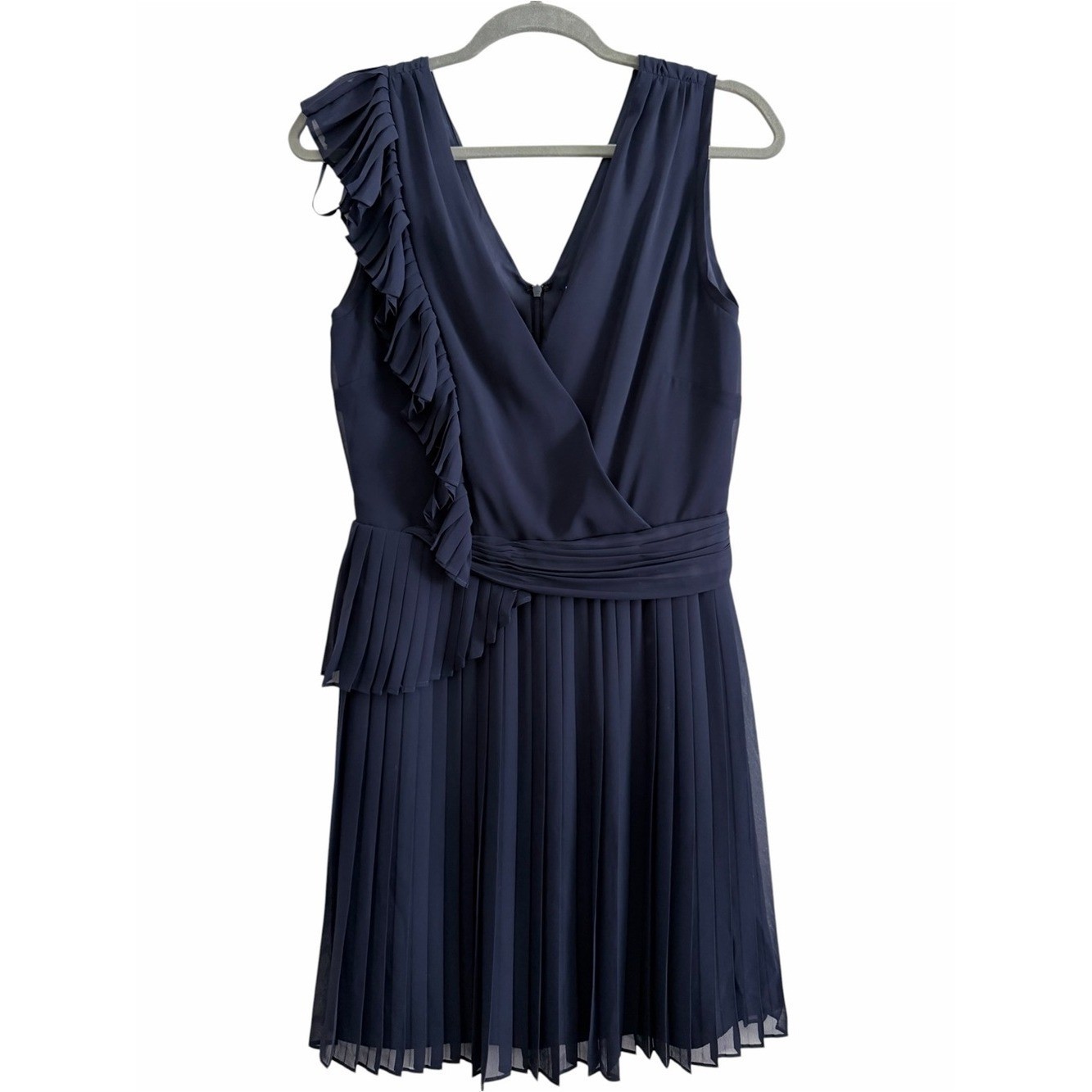 Reiss Navy One-Shoulder Ruffle Pleated Dress